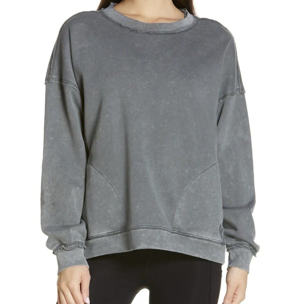 Free People Movement Metti Distressed Gray Crewmen Sweatshirt Sz M